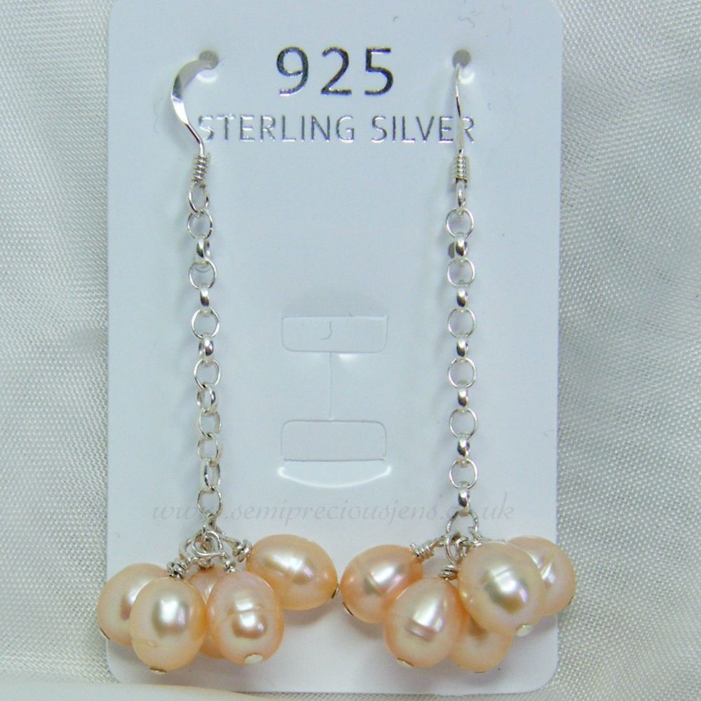 Peach Freshwater Pearl Sterling Silver Chain Earrrings