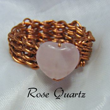 Rose Quartz Heart Copper Wire Ring 