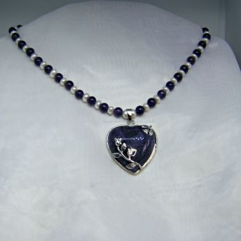 Amethyst & Freshwater Pearl Necklace with Amethyst Heart Pendant
