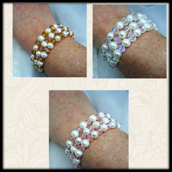 White Freshwater Pearl & Faceted Crystal Bead Memory Wire Bracelet