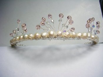 White Freshwater Pearls with Pink and Clear Bicone Tiara