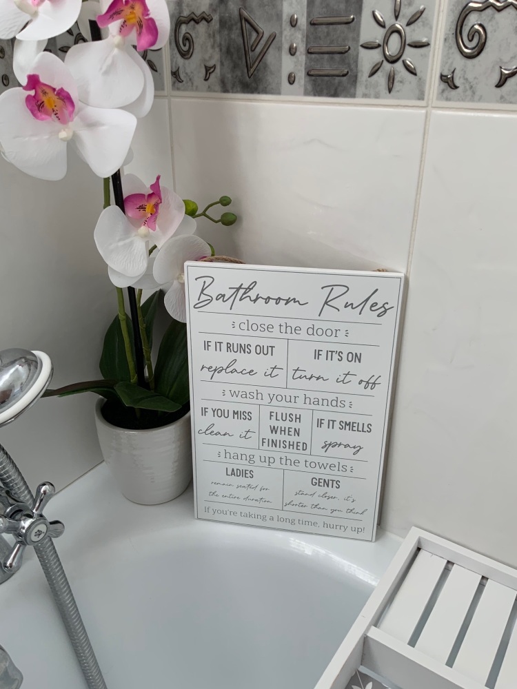 New Product....white wooden bathroom rules sign