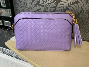 New Product….purple handbag with long gold chain