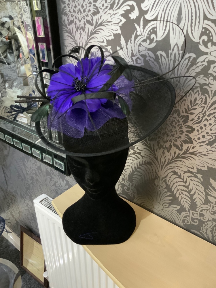 black/purple fascinator on headband 