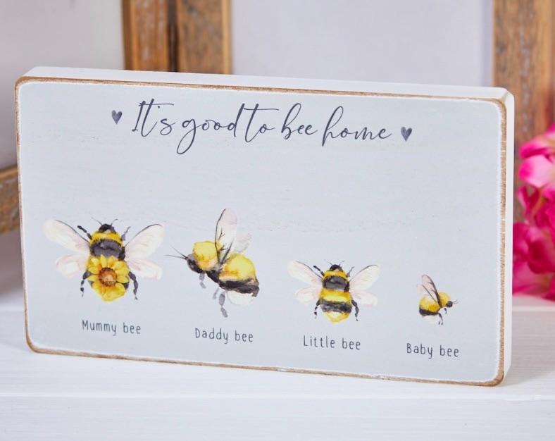 New Product….wooden bee family of four sign…..22 x 13 cms