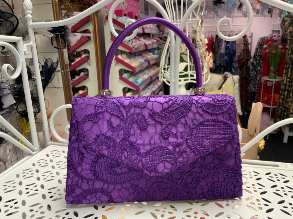 New Product….purple lace and satin handbag with long silver chain/p