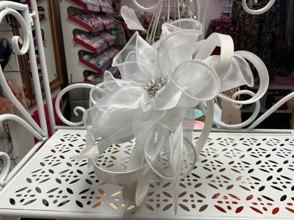 New Product….white fascinator on headband with satin and organza trim with 