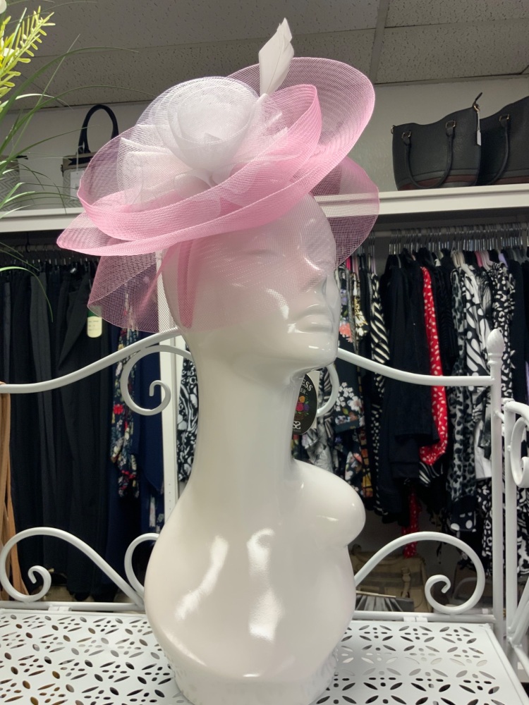Pink/white fascinator on headband