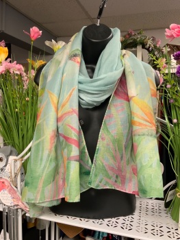 New Product….bird of paradise scarf with butterflies…..mint background