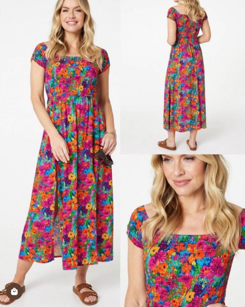 New Product .Stella Morgan multi coloured maxi dress .shirred bodice and sleeves .size 12