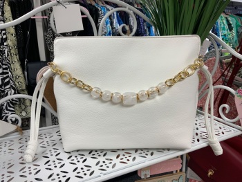 New Product….white handbag with long strap or could be used as a clutch