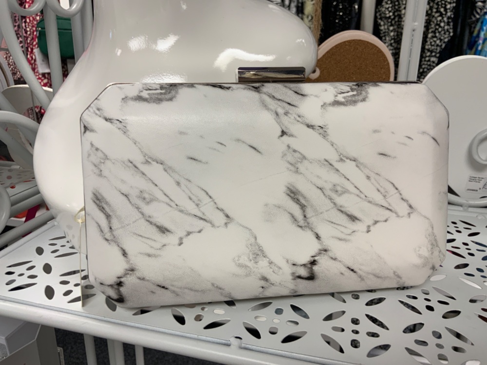 New Product….white marbled clutch bag with long silver chain