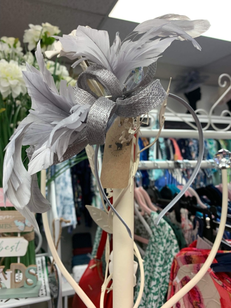 New Product….silver grey fascinator on headband….or there is a separate cli