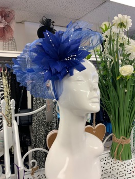 New Product….royal blue fascinator on headband with feathers and netting and pearl trim