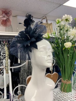 New Product….navy fascinator on headband with feathers and netting with pearl trim