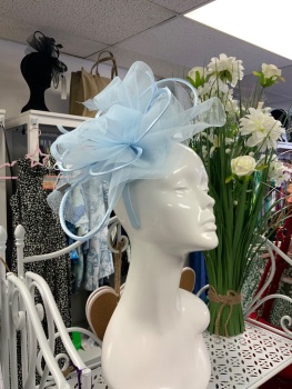 New Product….light blue fascinator on headband with netting feather and satin trim