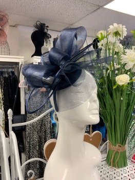 New Product….navy blue fascinator on headband with netting feather and satin trim