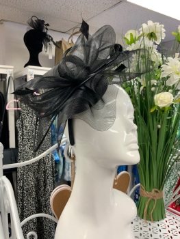 New Product….black fascinator on headband with netting feather and satin trim