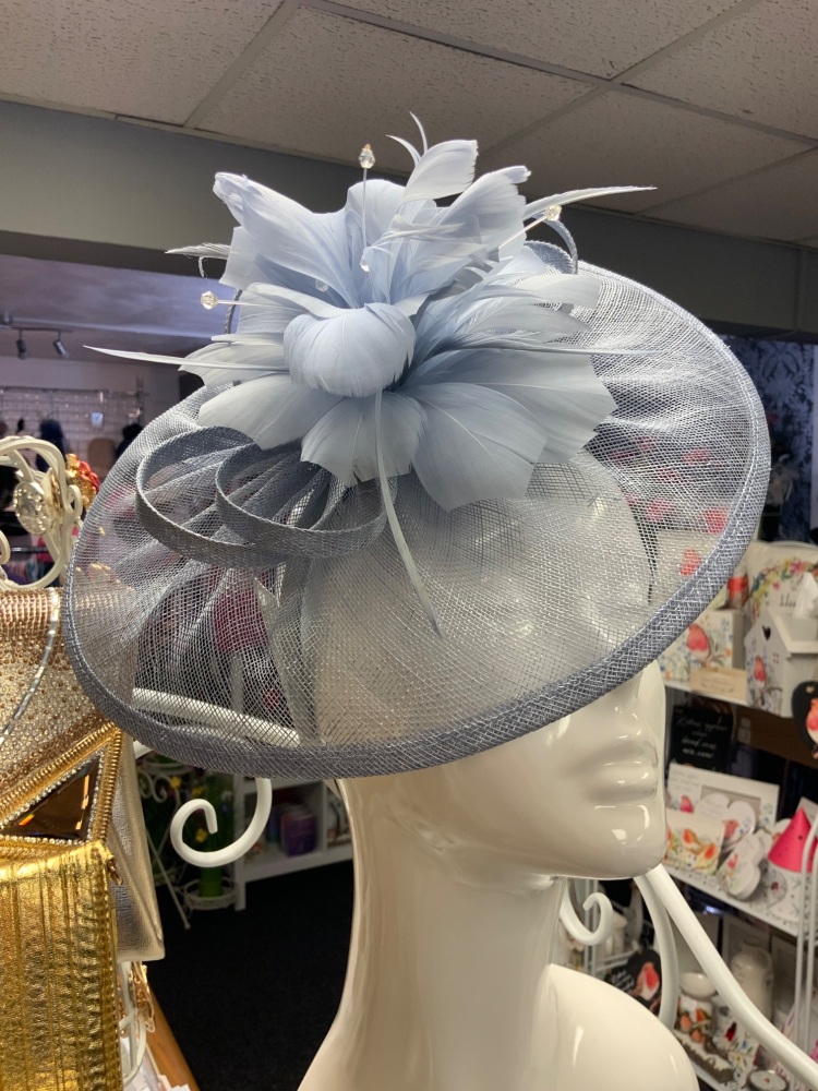 New Product….J Bees blue fascinator…sinamay with feather flower and crystal