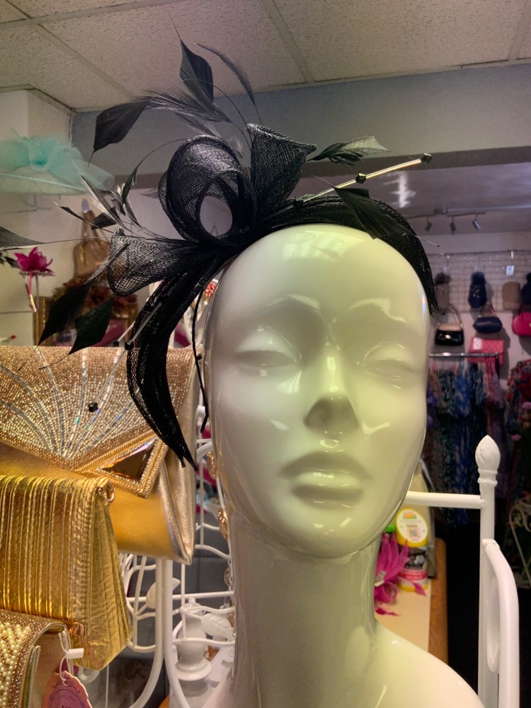 New Product….J.Bees black fascinator….sinamay and feather and crystal trim