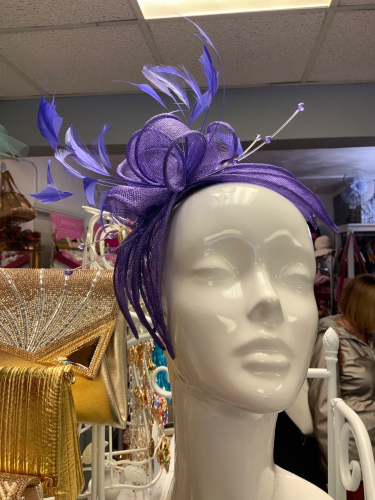 New Product….J.Bees fascinator….purple sinamay with a feather and crystal t