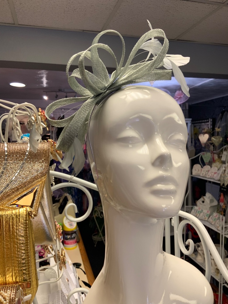 New Product….J.Bees fascinator….sage sinamay looped with feather trim