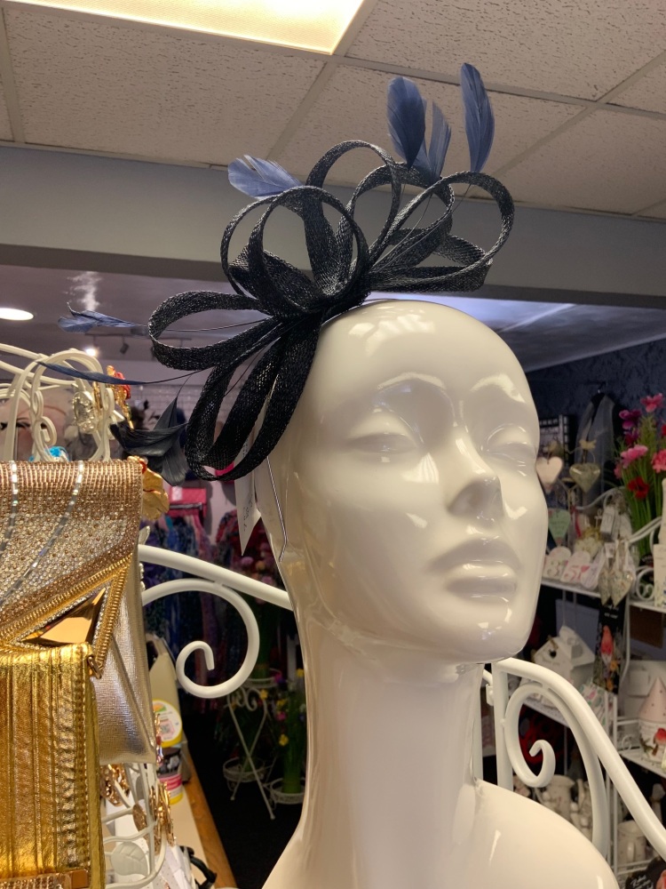 New Product….J.Bees fascinator….navy sinamay loops with feather trim