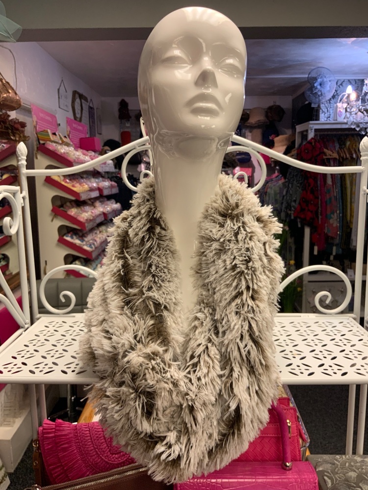 New Product….faux fur brown back ground shaggy look snood