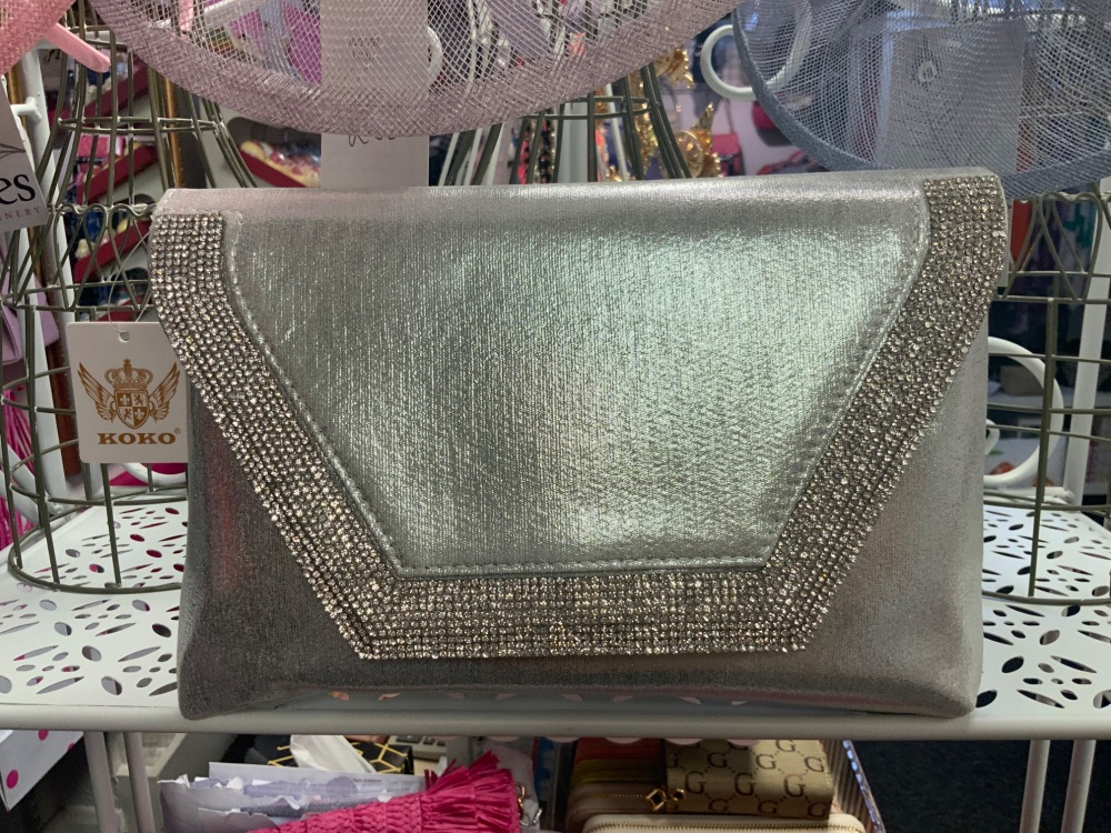 New Product….silver clutch bag with long silver chain and diamonte trim