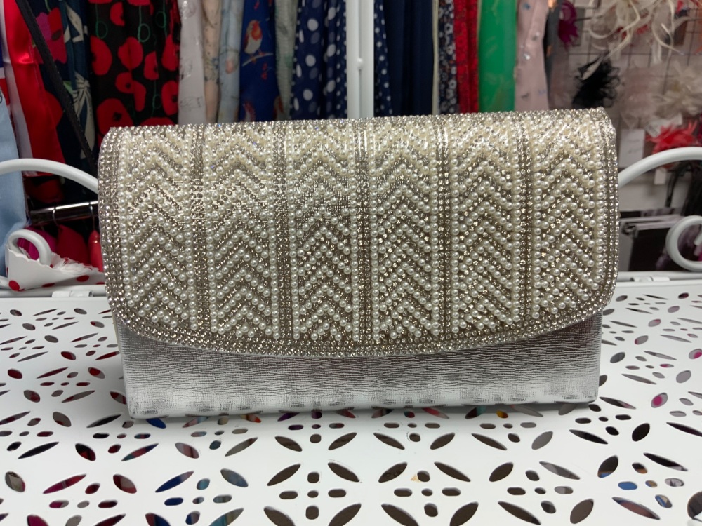 New Product….silver clutch bag with pearl and diamonte trim…long silver cha