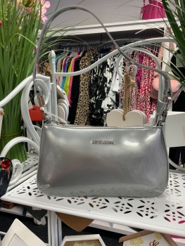 New Product….david jones silver patent handbag…with long strap and zipped back pocket