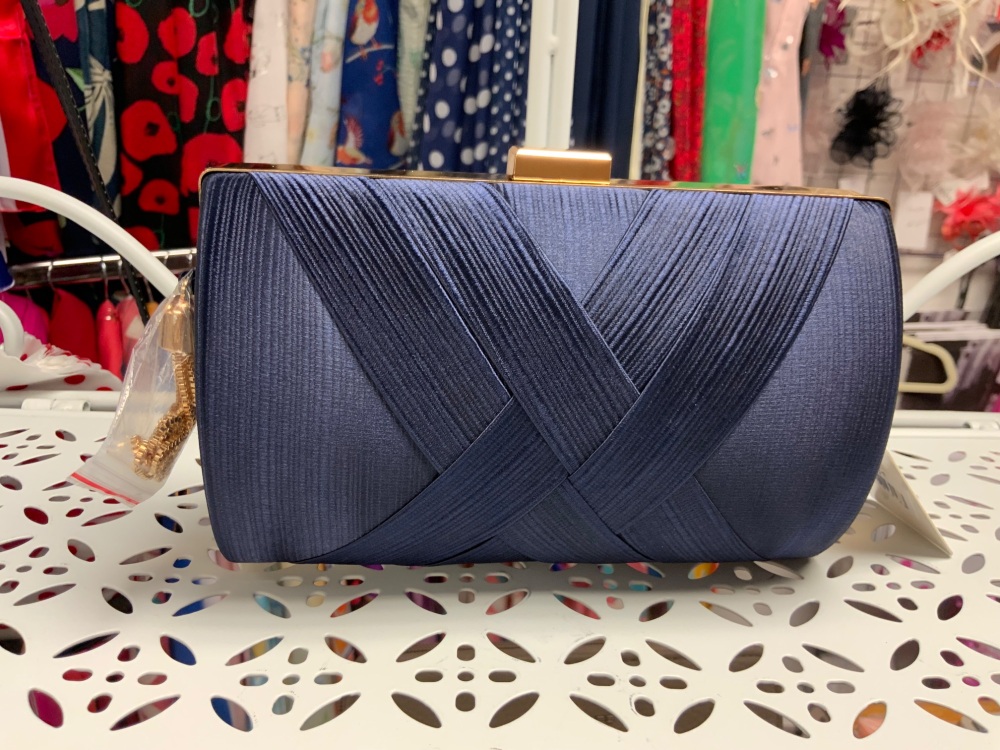 New Product….navy clutch….gold trim covered with a silky fabric….long gold 