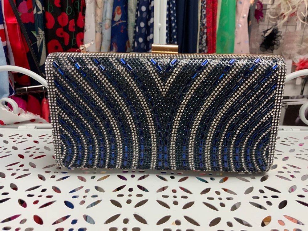 New Product….navy clutch with diamonte and bead trim..gold fittings and lon