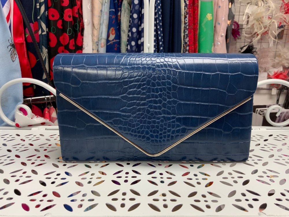 New Product….french navy clutch bag….mock crocodile pattern….silver trim an