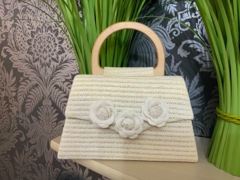 New Product….light beige occasion bag with floral trim and wooden handle