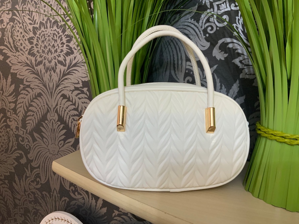 New Product….off white occasion bag with gold trim and long strap