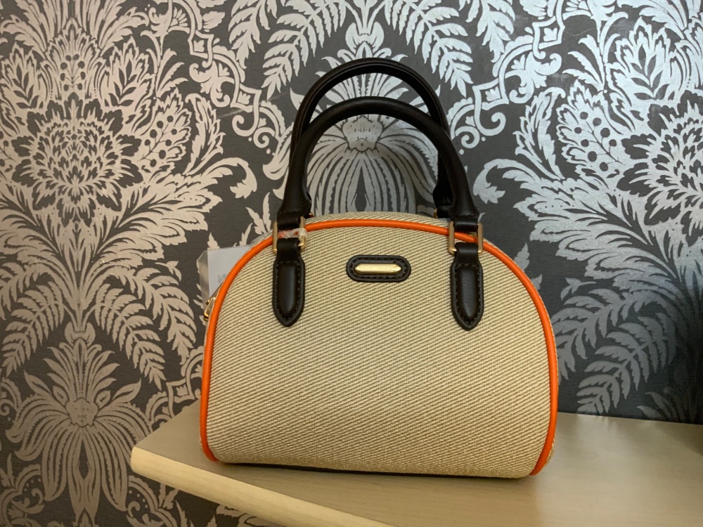 New Product….david jones beige material handbag with brown and orange trim