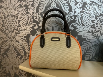 New Product….david jones beige material handbag with brown and orange trim