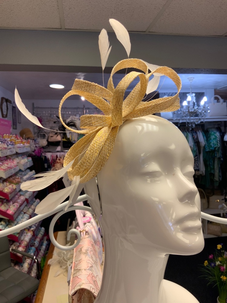 New Product….gold lured looped fascinator with feather trim