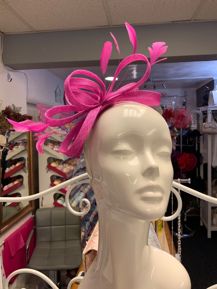 New Product….fuschia looped sinamay fascinator with feather trim
