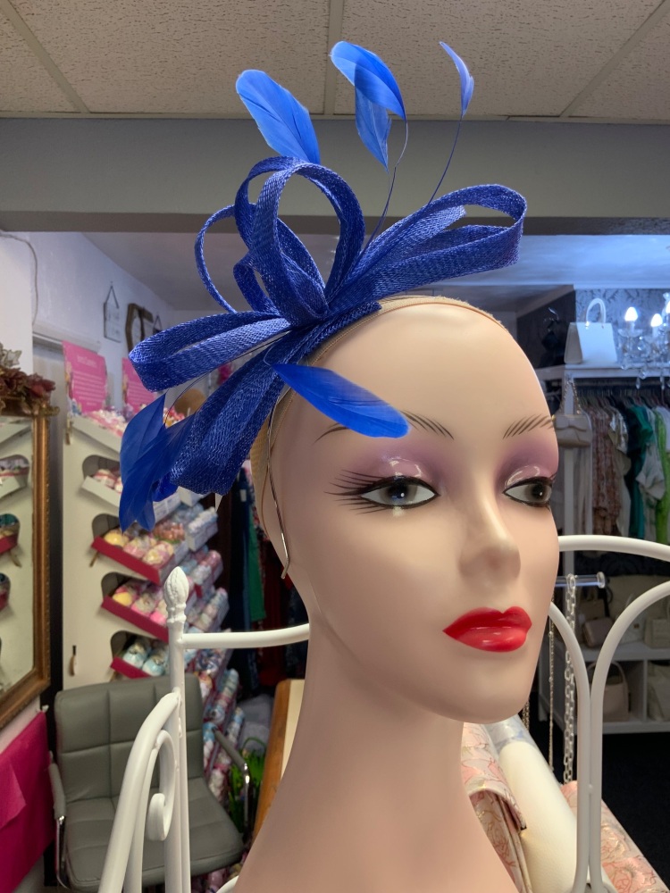 New Product….cobalt blue looped sinamay fascinator with feather trim