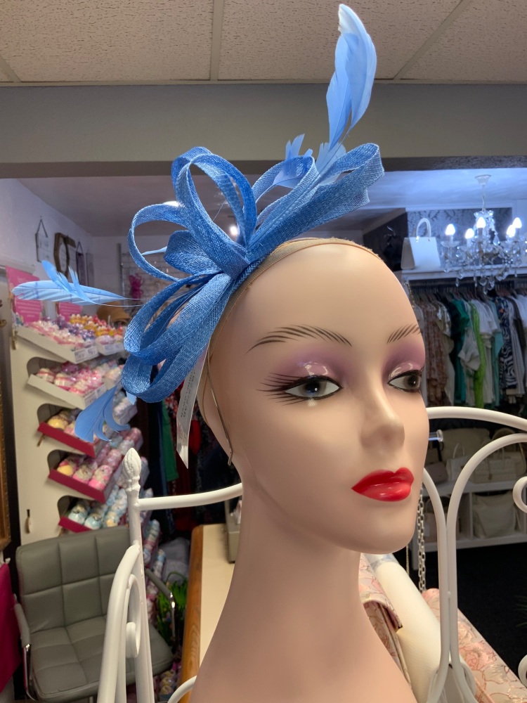 New Product….cornflower blue looped sinamay fascinator with feather trim