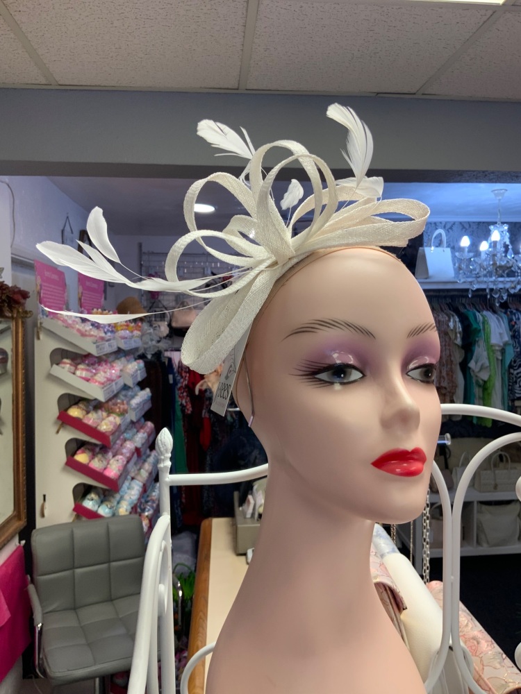 New Product….white looped sinamay fascinator with feather trim