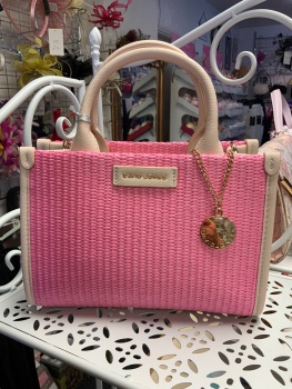 New Product….david jones pink handbag….mock raffia with long strap