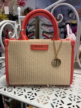 New Product….david jones coral/beige handbag with long strap….mock raffia