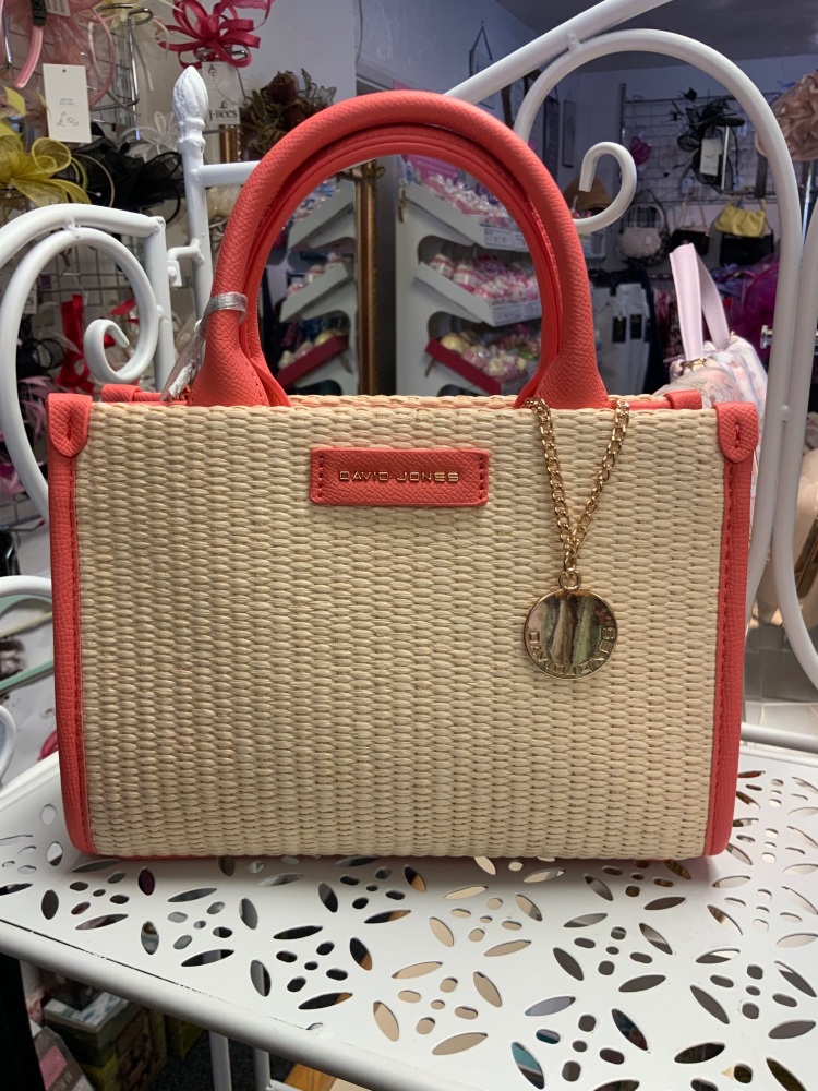 New Product….david jones coral/beige handbag with long strap….mock raffia