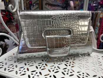 New Product….metallic silver occasion bag with long silver chain
