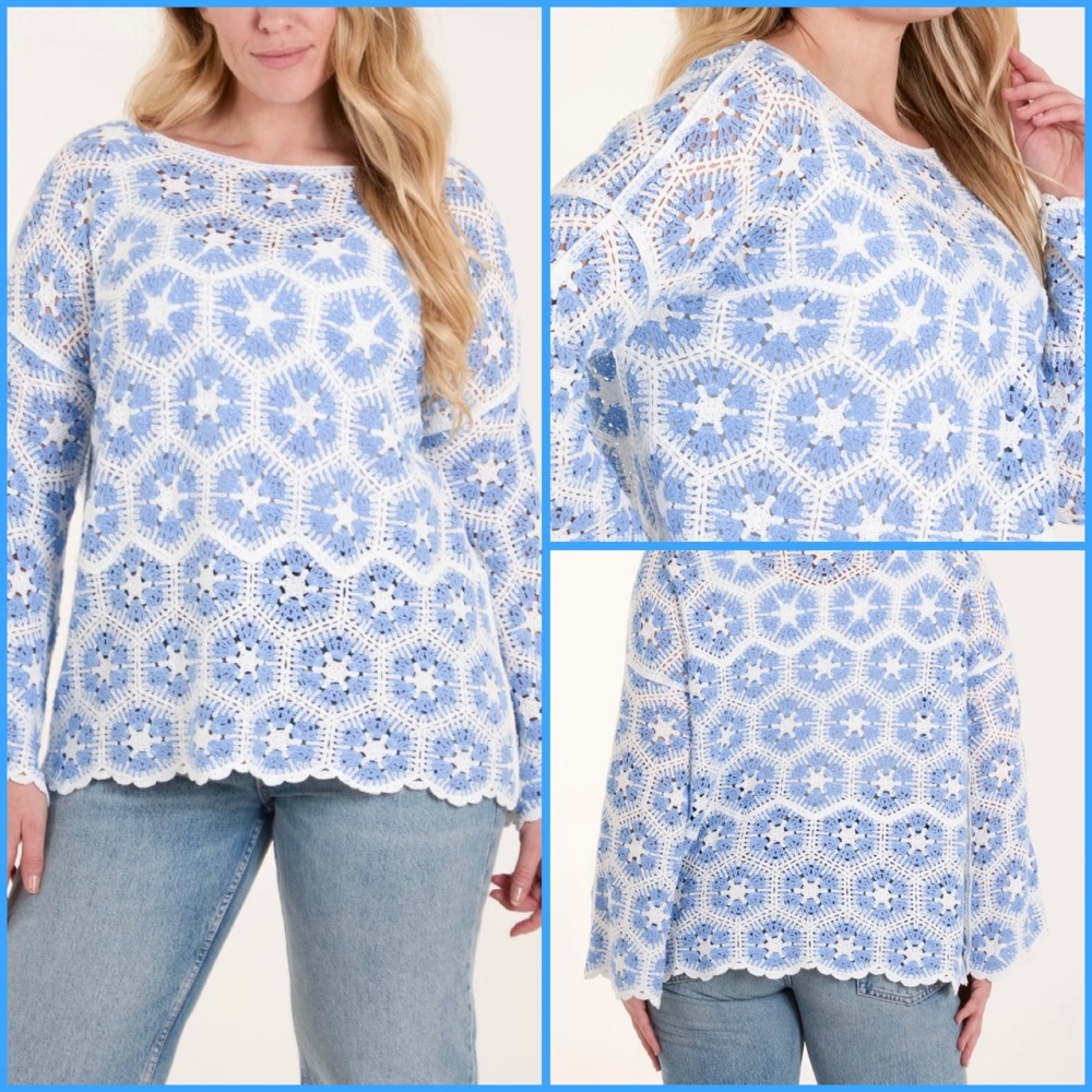 New Product….blue/white crochet top….100 % cotton
