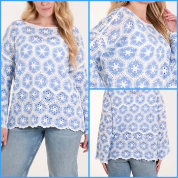 New Product….blue/white crochet top….100% cotton