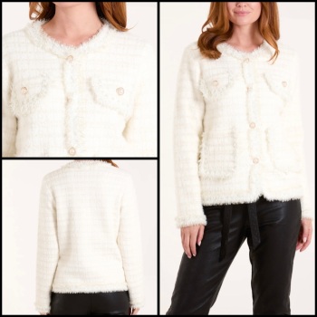 New Product….cream pearl button check knit cardigan with a hint of glitter